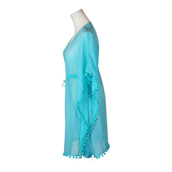 Bleu Rod Beattie Turquoise Pom Pom Trim Sheer Beach Cover Up Size S - Picture 3 of 9